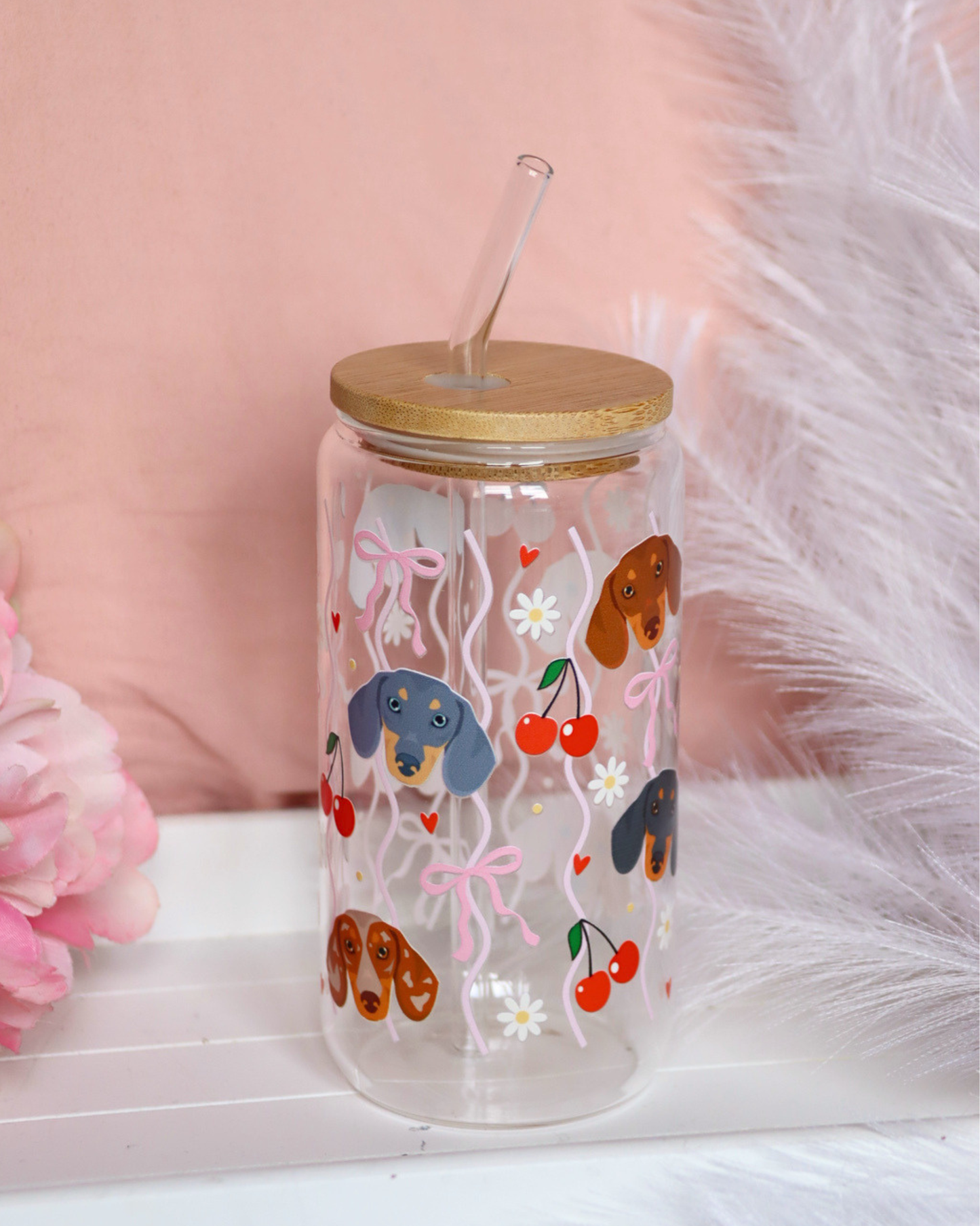 Dachshund Cherry Waves Glass Cup