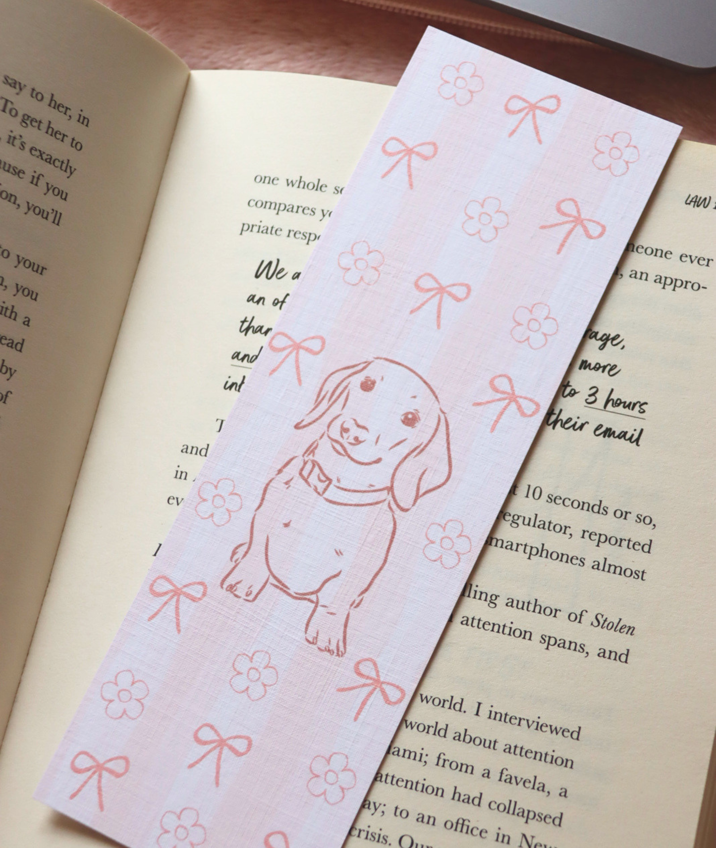 Dachshund Stripey Floral & Bow Themed Bookmark