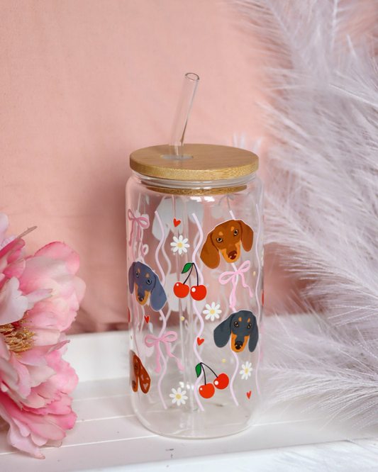 Dachshund Cherry Waves Glass Cup