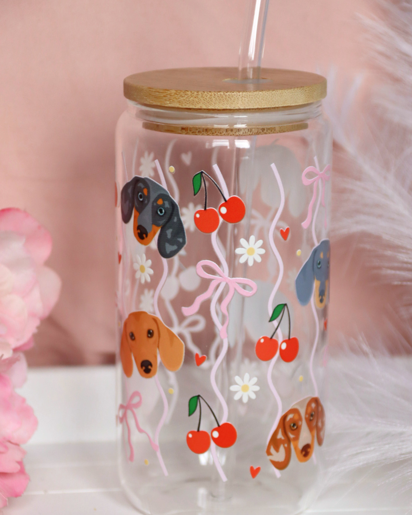 Dachshund Cherry Waves Glass Cup