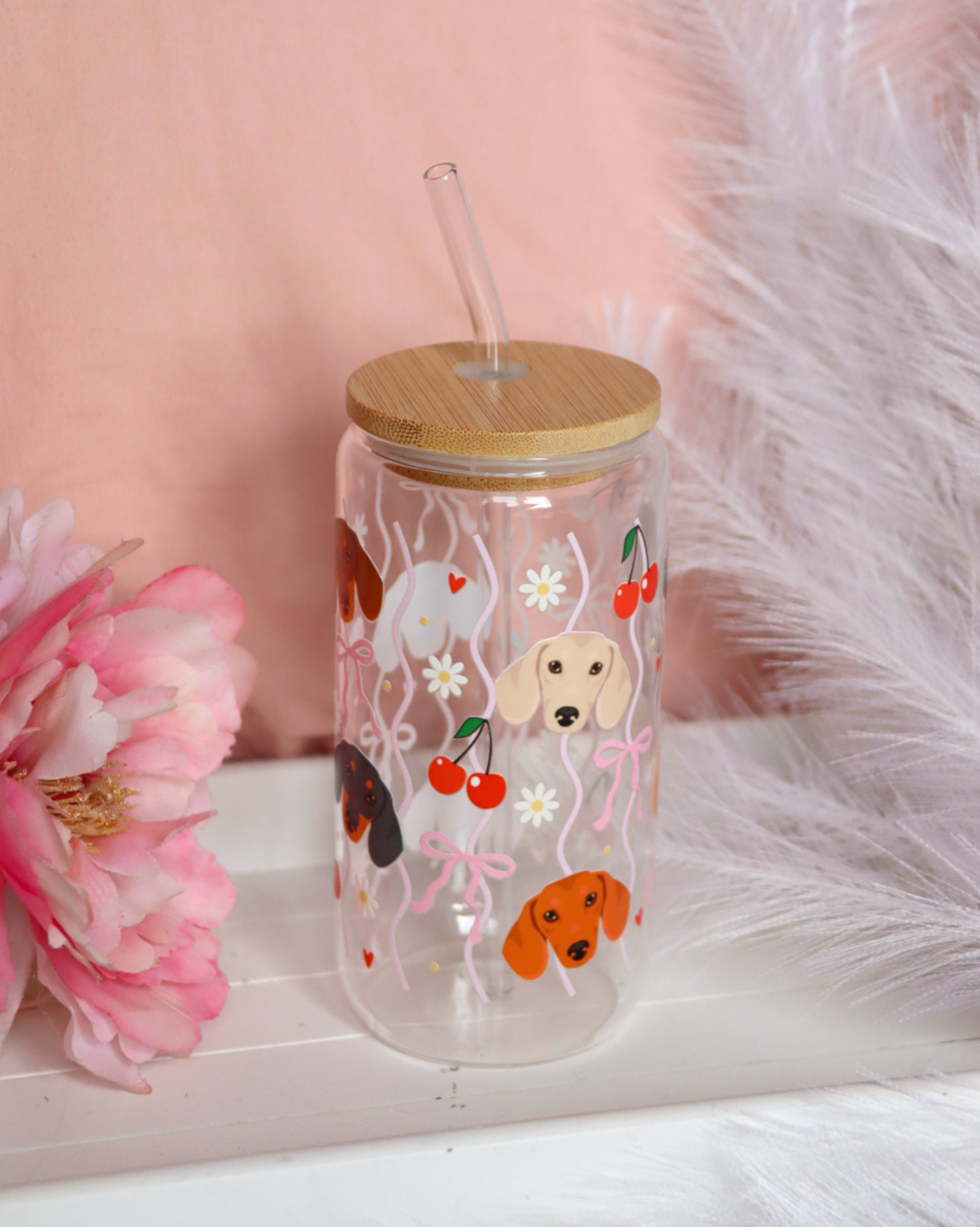Dachshund Cherry Waves Glass Cup