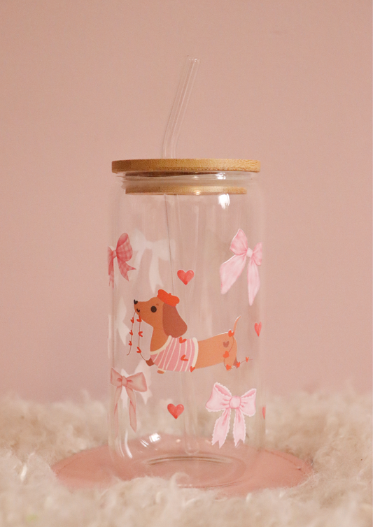 Dachshund Heart & Bows Glass Cup