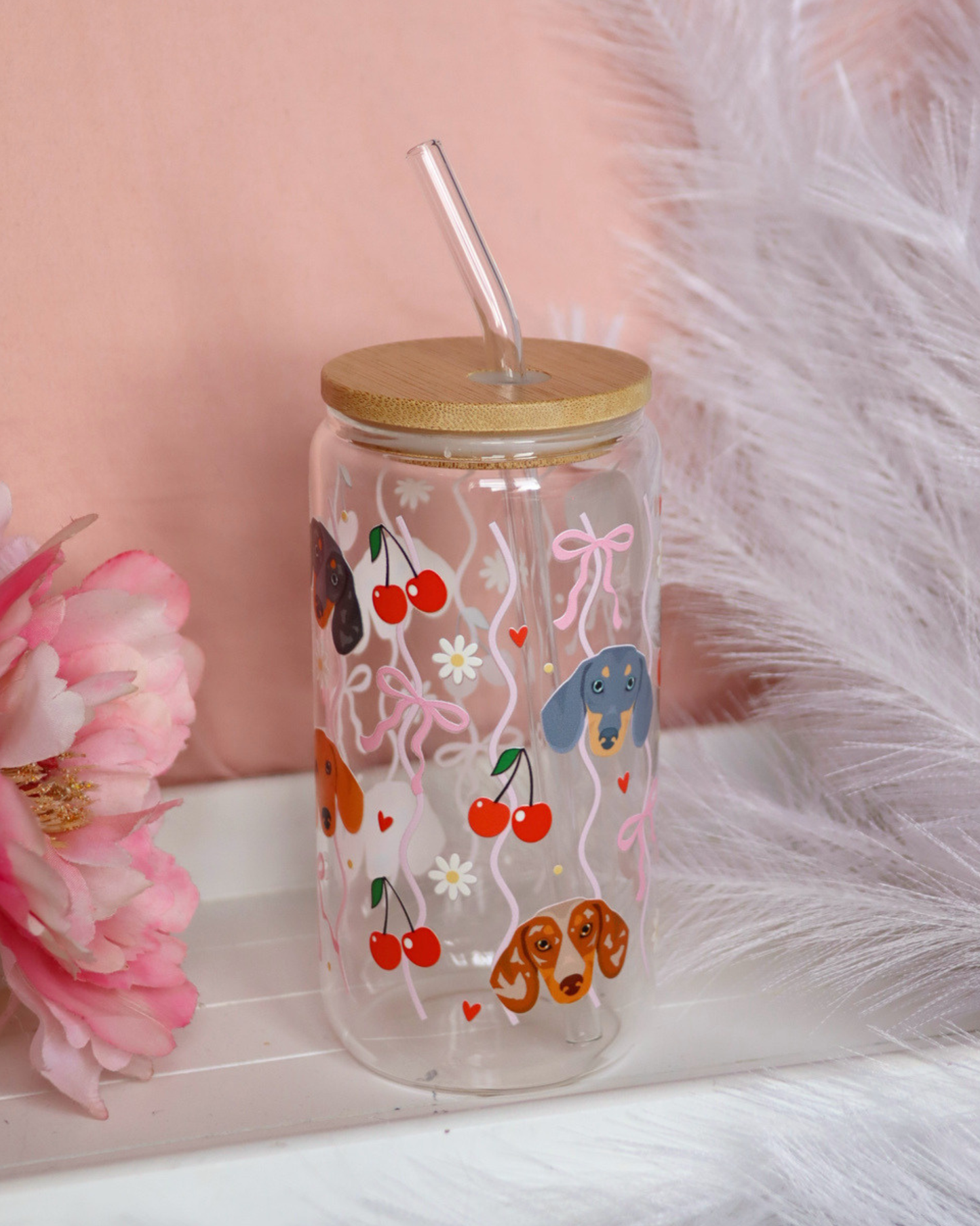Dachshund Cherry Waves Glass Cup