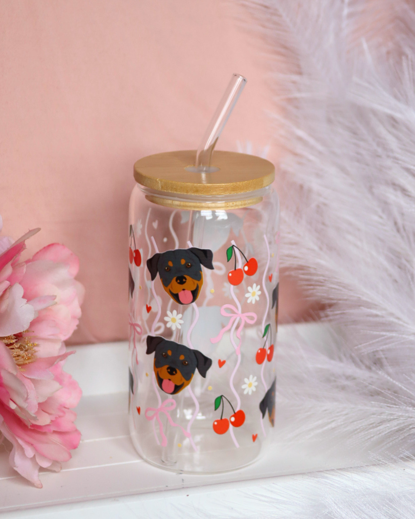 Rottweiler Cherry Waves Glass Cup