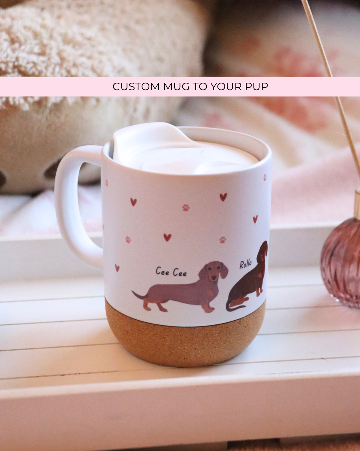 Custom Paws & Hearts Mug Listing - 13oz Coffee Mug with Cork Base & Lid